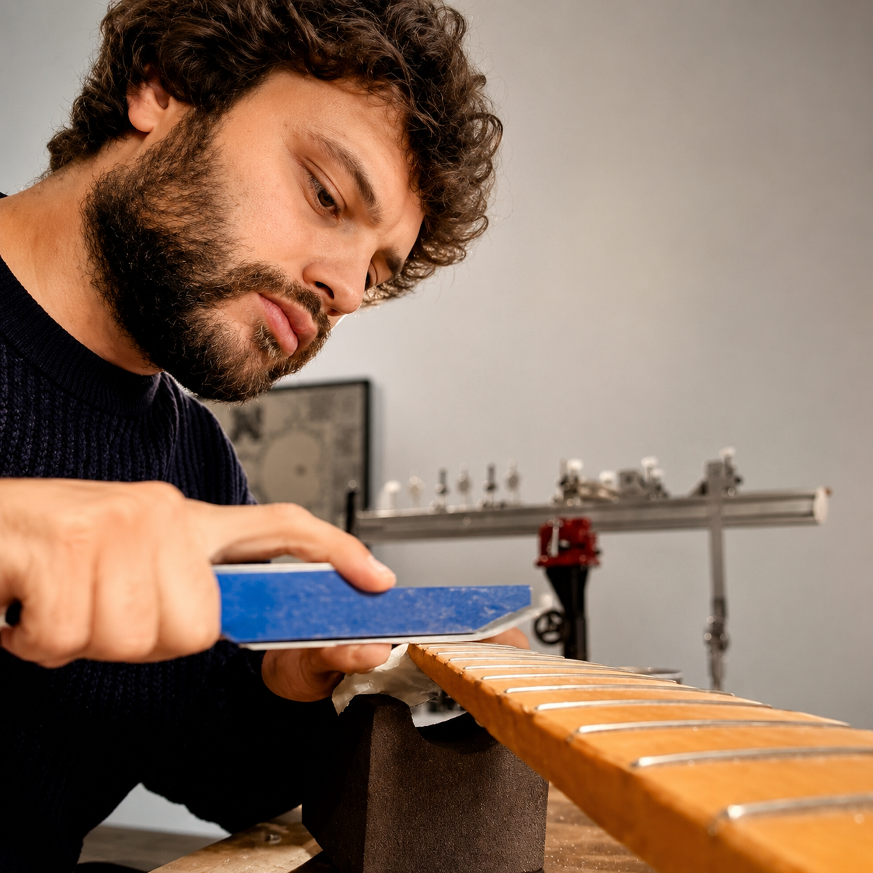 Réglage de précision sur une guitare à l'Atelier Chalon